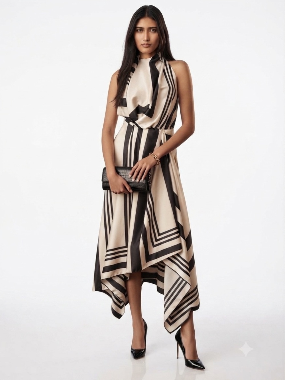 ASOS Elegant Black & Cream Halter High Low Hem  Dress
